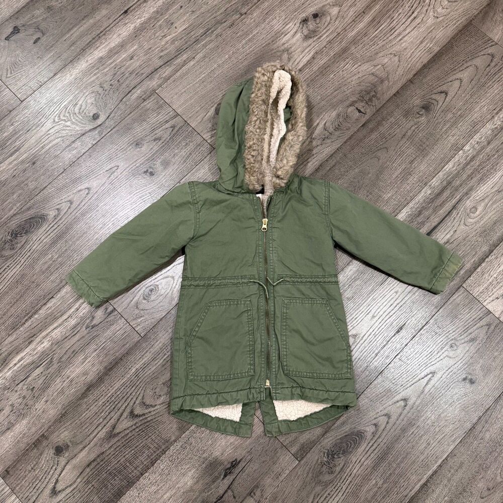 OshKosh B'Gosh Toddler Olive Green Fur Trimmed Hooded Sherpa Lined Jacket